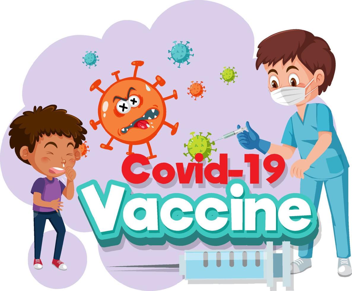 personnage de dessin animé de médecin et d'enfant patient avec police de vaccin covid-19 vecteur