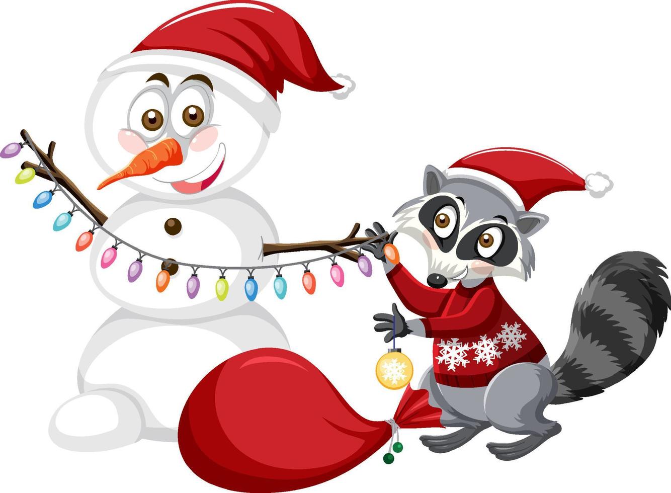 raton laveur mignon et bonhomme de neige portant un personnage de dessin animé de chapeau de noël vecteur
