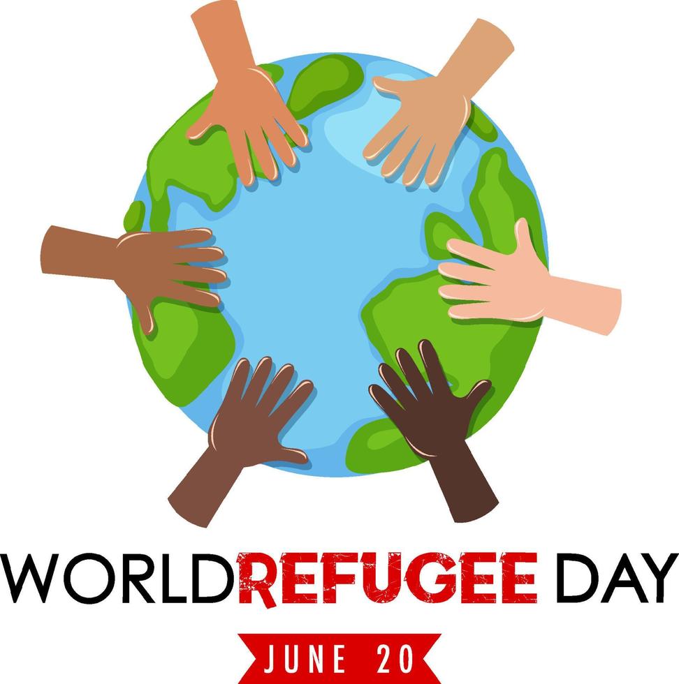bannière de la journée mondiale des réfugiés avec différentes mains sur le globe isolé vecteur