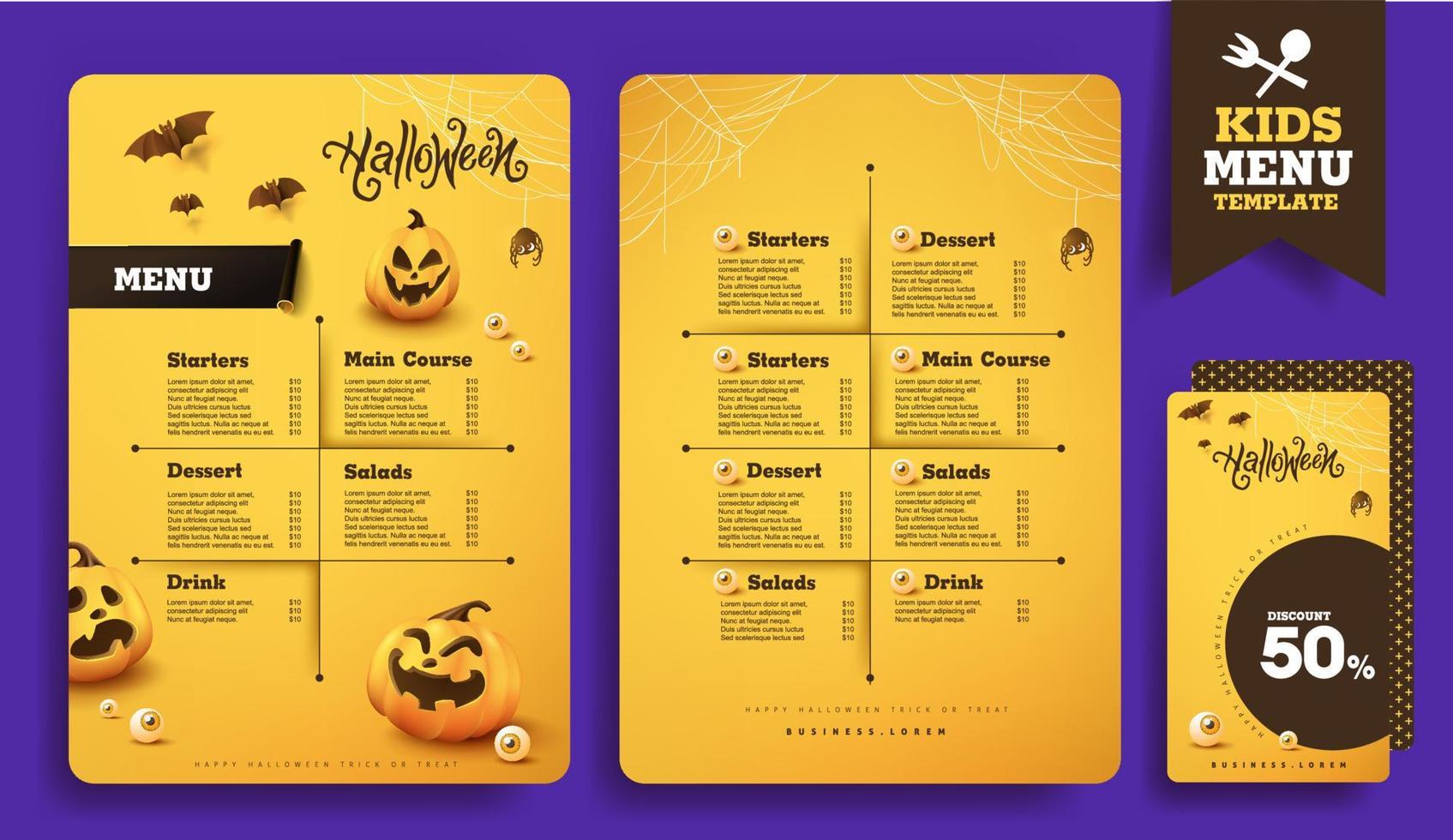 modèle de menu pour enfants d'halloween avec des personnages d'halloween de dessin animé mignon vecteur