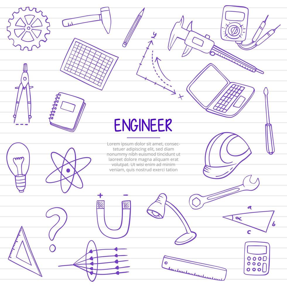 travail d'ingénieur ou profession d'emplois doodle dessinés à la main vecteur