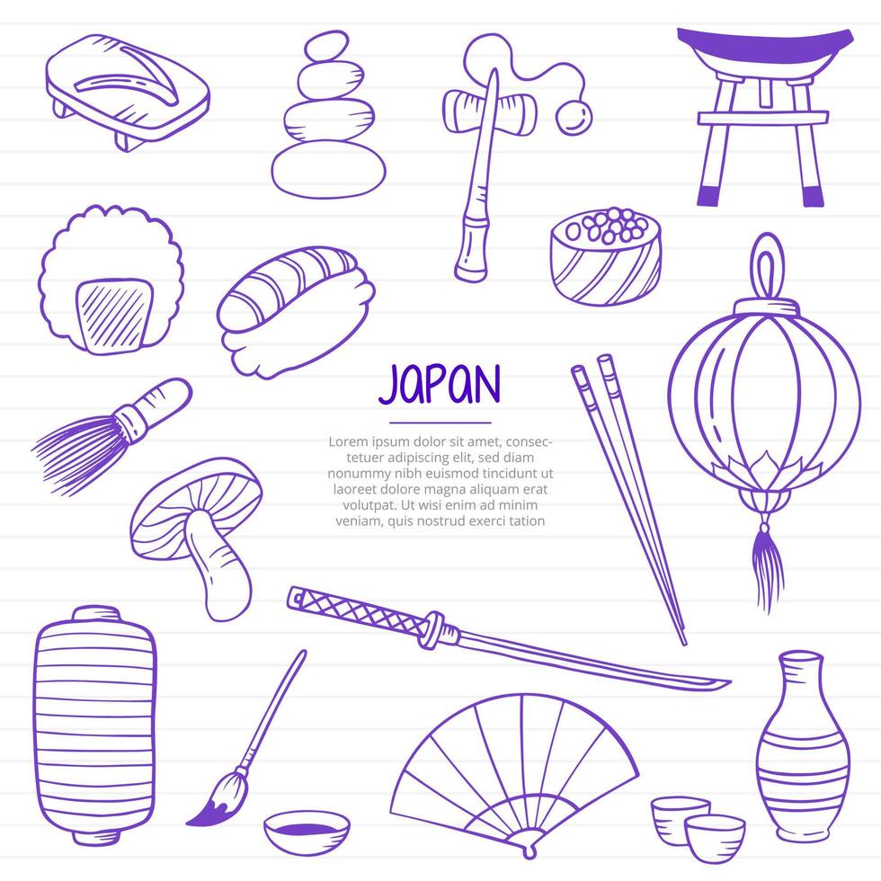 nation japonaise ou pays doodle dessinés à la main avec un style de contour vecteur