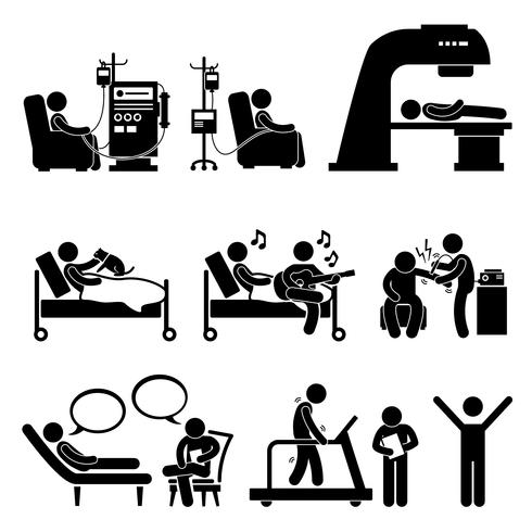 Thérapie médicale hôpital, traitement médical, bonhomme allumette, pictogramme, icône, cliparts. vecteur