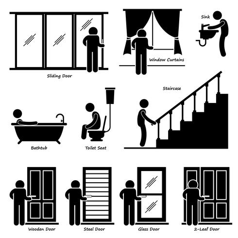 Accueil Maison Appareils Intérieur Stick Figure Pictogramme Icône Cliparts. vecteur