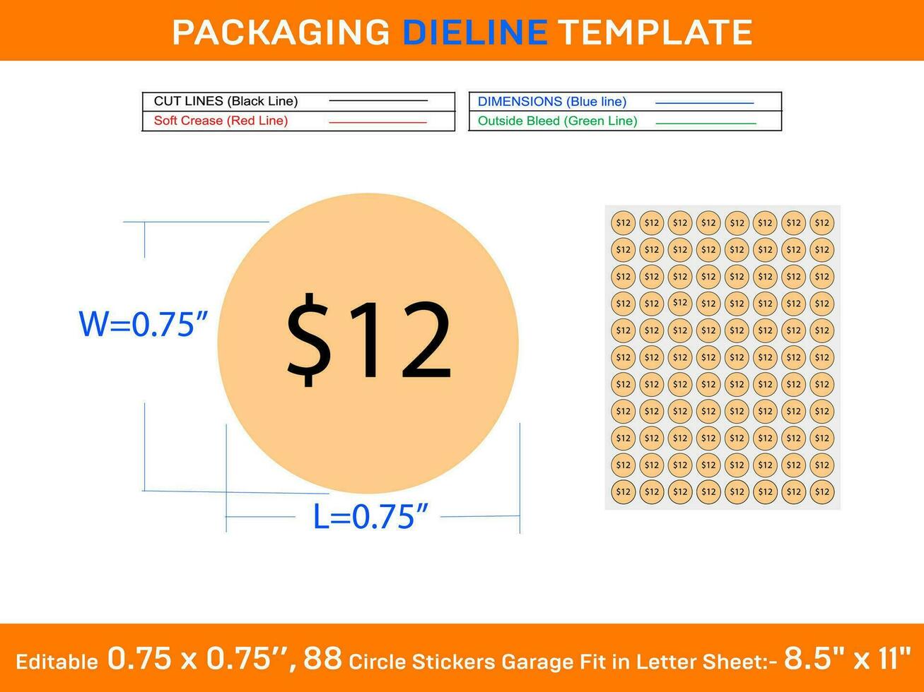 cercle 12 doller prix autocollants garage vente Étiquettes en forme dans lettre feuille modifiable 88 pcs 0,75 X 0,75 pouce vecteur