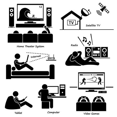 Home Entertainment Entertainment Appareils Électroniques Stick Figure Pictogram Icon Cliparts. vecteur