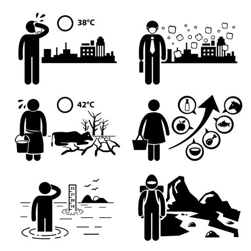 Effets de serre au réchauffement global Stick Figure Pictogramme Icônes Cliparts. vecteur