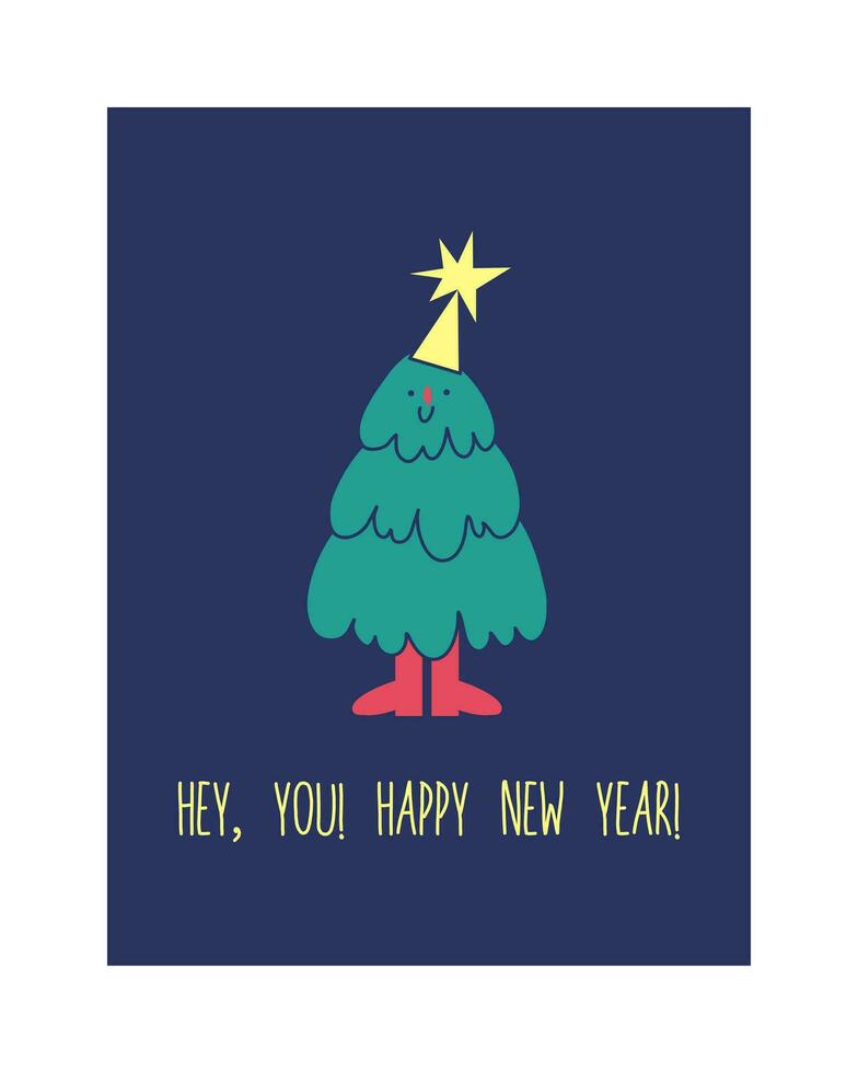 content Nouveau année salutation carte, affiche ou imprimer. marrant Noël arbre dans plat rétro style avec Jaune étoile. toutes nos félicitations sur le vacances. vecteur