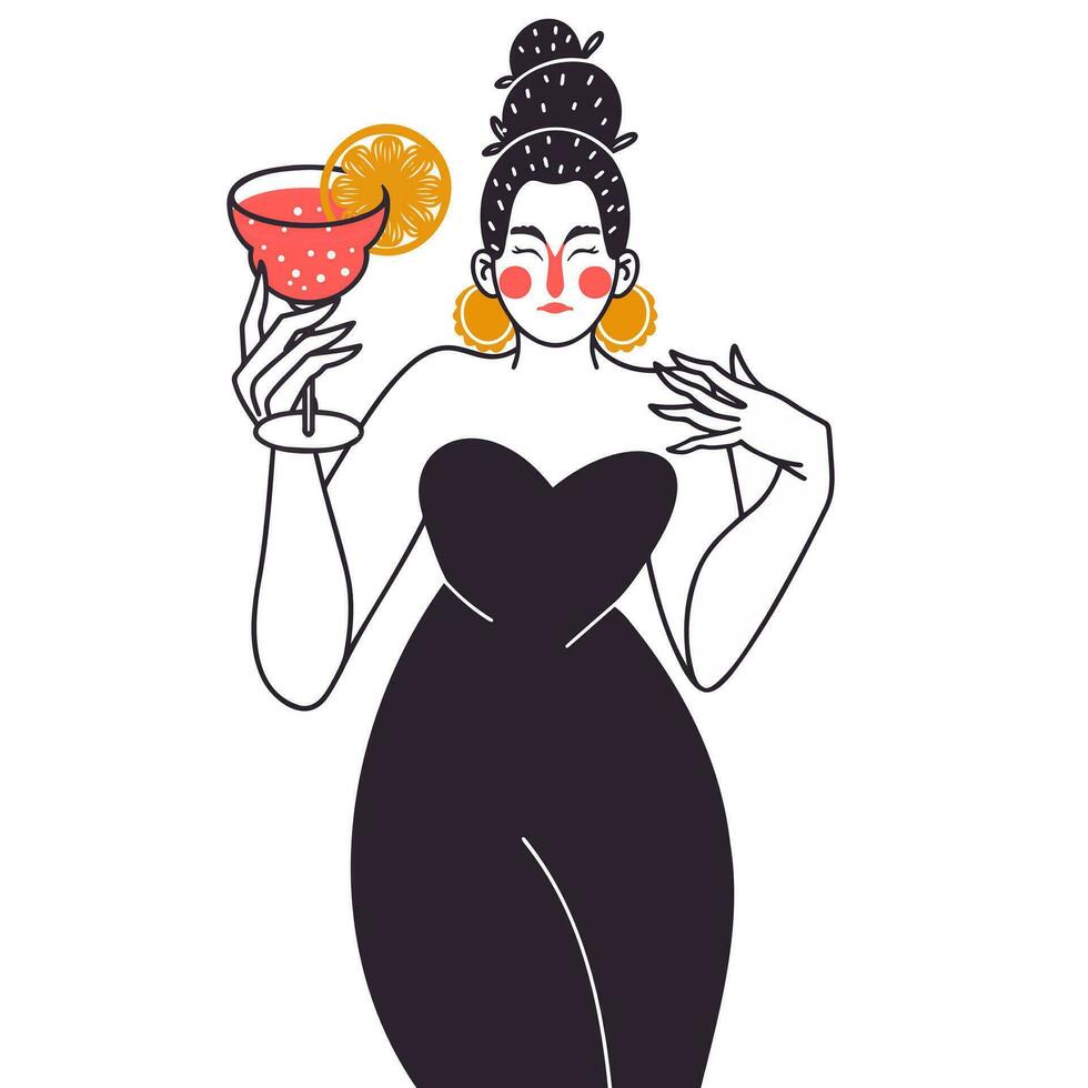 fille avec une cocktail. fille dans une noir robe les boissons une cocktail. une femme dans une bar, restaurant ou pub. coloré vecteur illustration dans plat style isolé sur blanc Contexte. cocktail faire la fête.