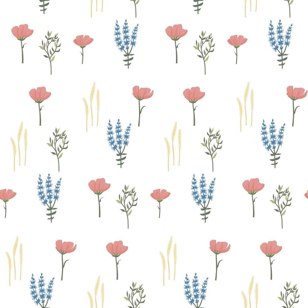 sauvage fleurs modèle. sans couture floral Contexte. répéter botanique impression avec printemps fleurit, les plantes et herbes pour fond d'écran et emballage. coloré plat vecteur illustration