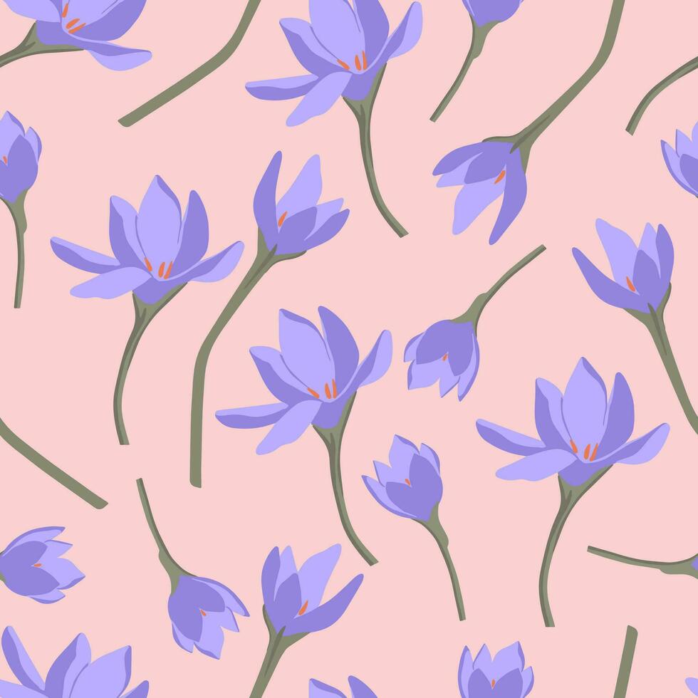 crocus fleurs modèle. sans couture floral Contexte. répéter botanique impression avec fleurit pour fond d'écran et emballage. délicat flore texture. coloré plat vecteur illustration