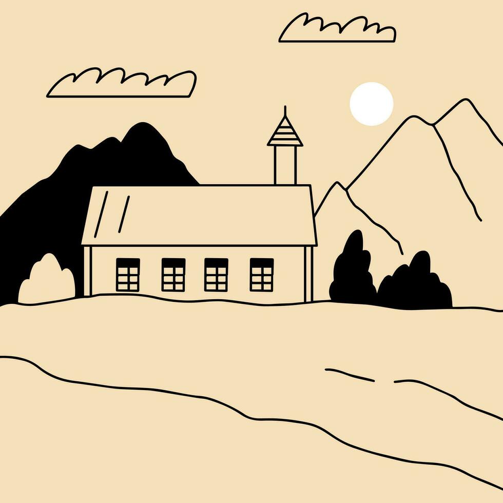 paysage. ranch, maison dans le montagne, cultiver, prairie, loger, arbre, route, Montagne. main tiré vecteur illustration. minimaliste panoramique étude de le campagne. icône, logo, imprimer, affiche modèles