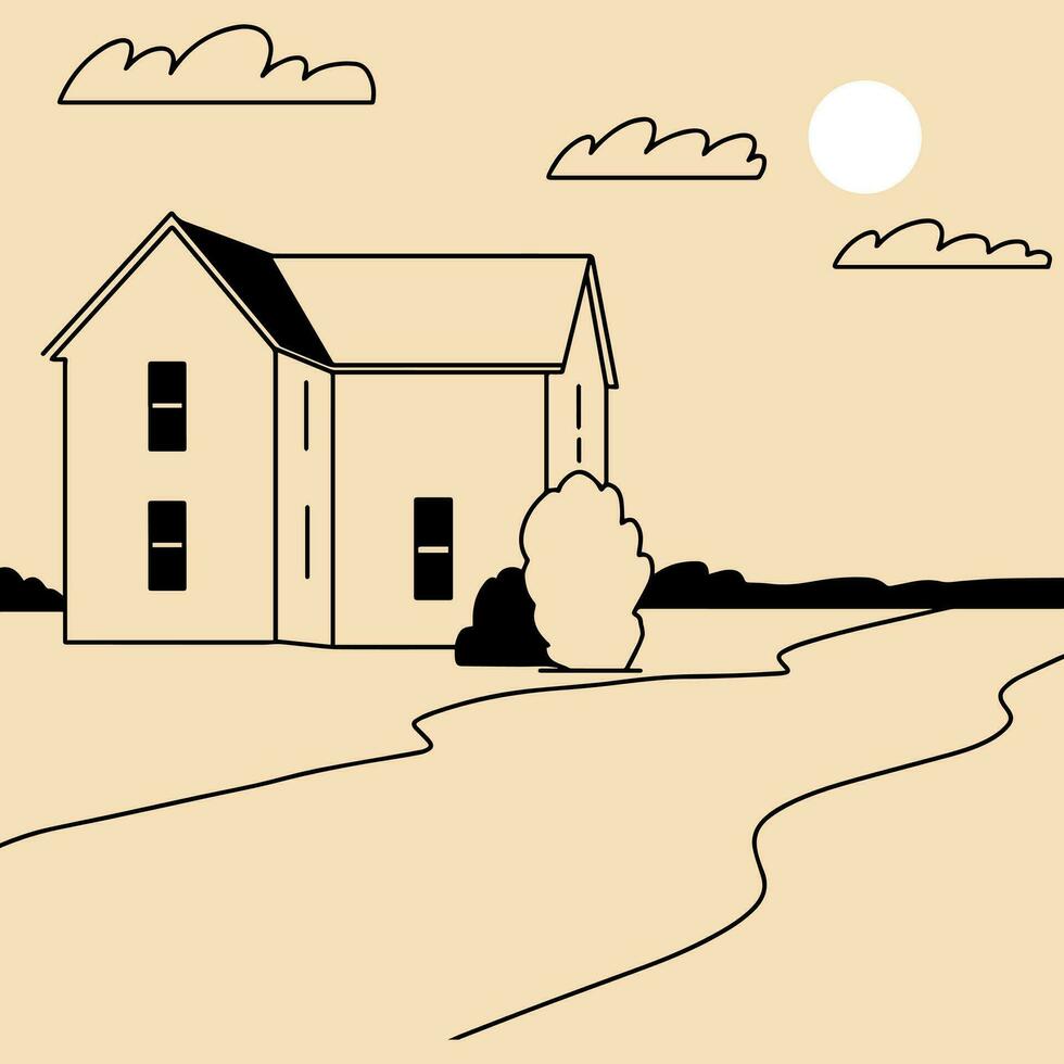 paysage. ranch, maison dans le montagne, cultiver, prairie, loger, arbre, route, Montagne. main tiré vecteur illustration. minimaliste panoramique étude de le campagne. icône, logo, imprimer, affiche modèles