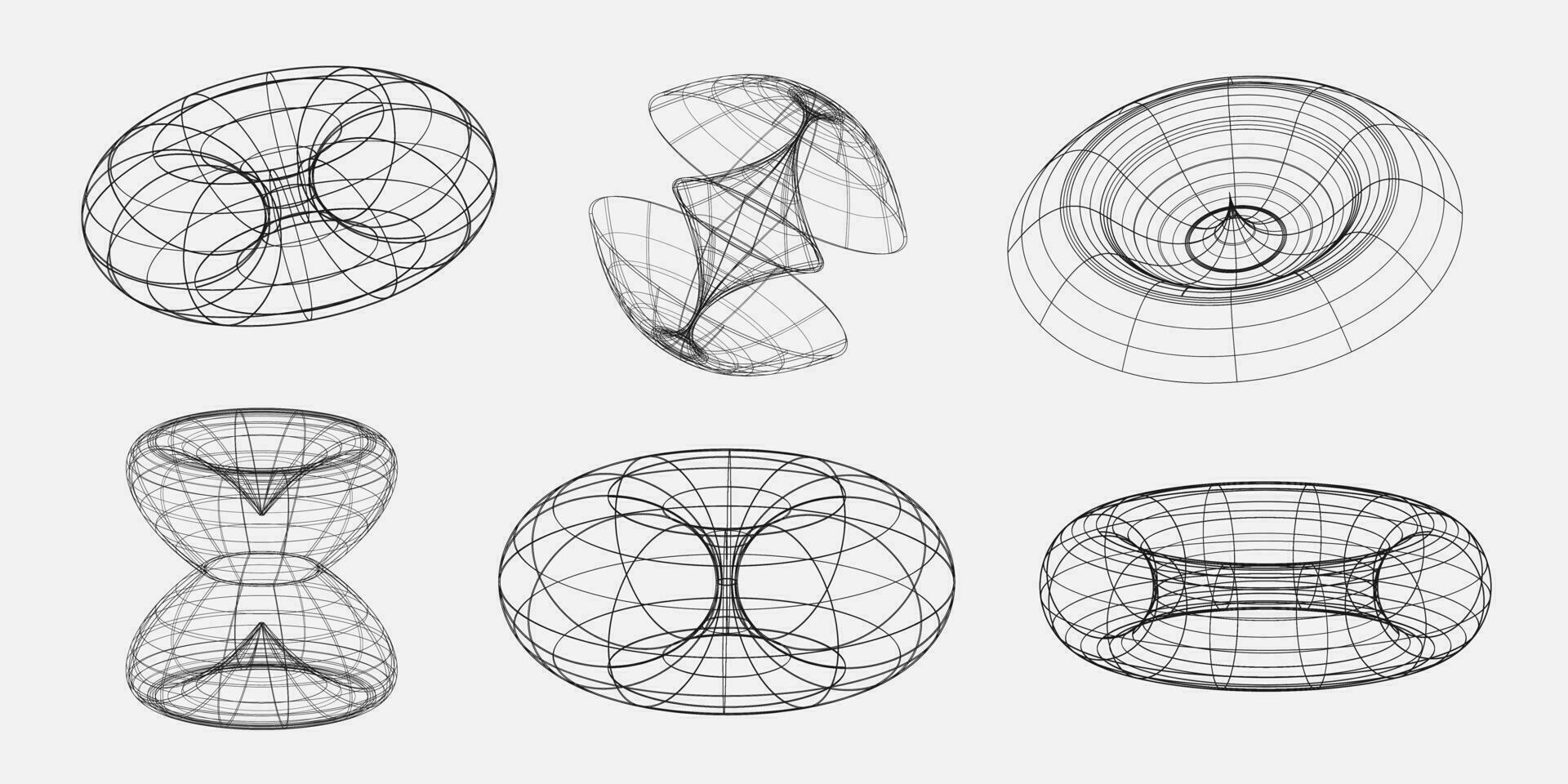 noir et blanc y2k rétro futuriste formes. filaire ondulé géométrique Les figures. moderne surréaliste géométrique formes. vecteur