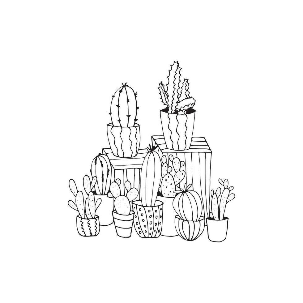 Créatif coloration livre avec différent sortes de cactus isolé sur blanc Contexte pour les enfants et adultes. anti stress art. vecteur contour illustration. élégant ornements, méditation, relaxation.