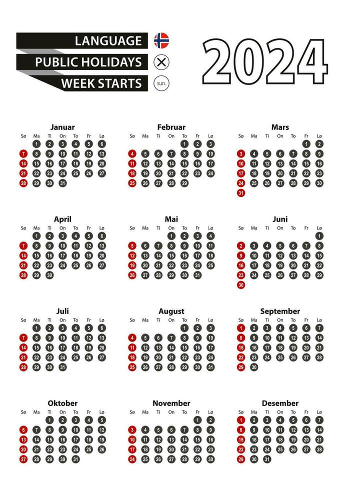 norvégien calendrier 2024 avec Nombres dans cercles, la semaine départs sur dimanche. 2024 avec drapeau de Norvège vecteur