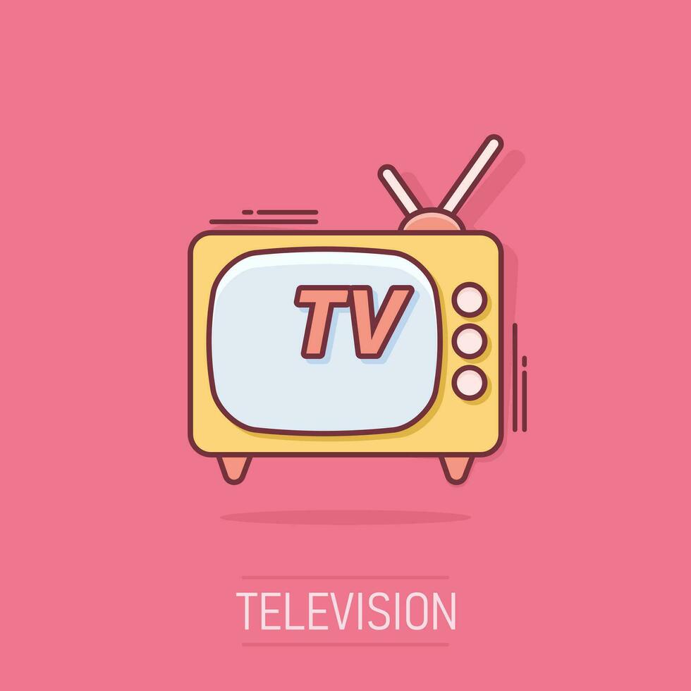 icône de télévision de dessin animé de vecteur dans le style comique. pictogramme d'illustration de signe de télévision. concept d'effet d'éclaboussure d'entreprise de télévision.