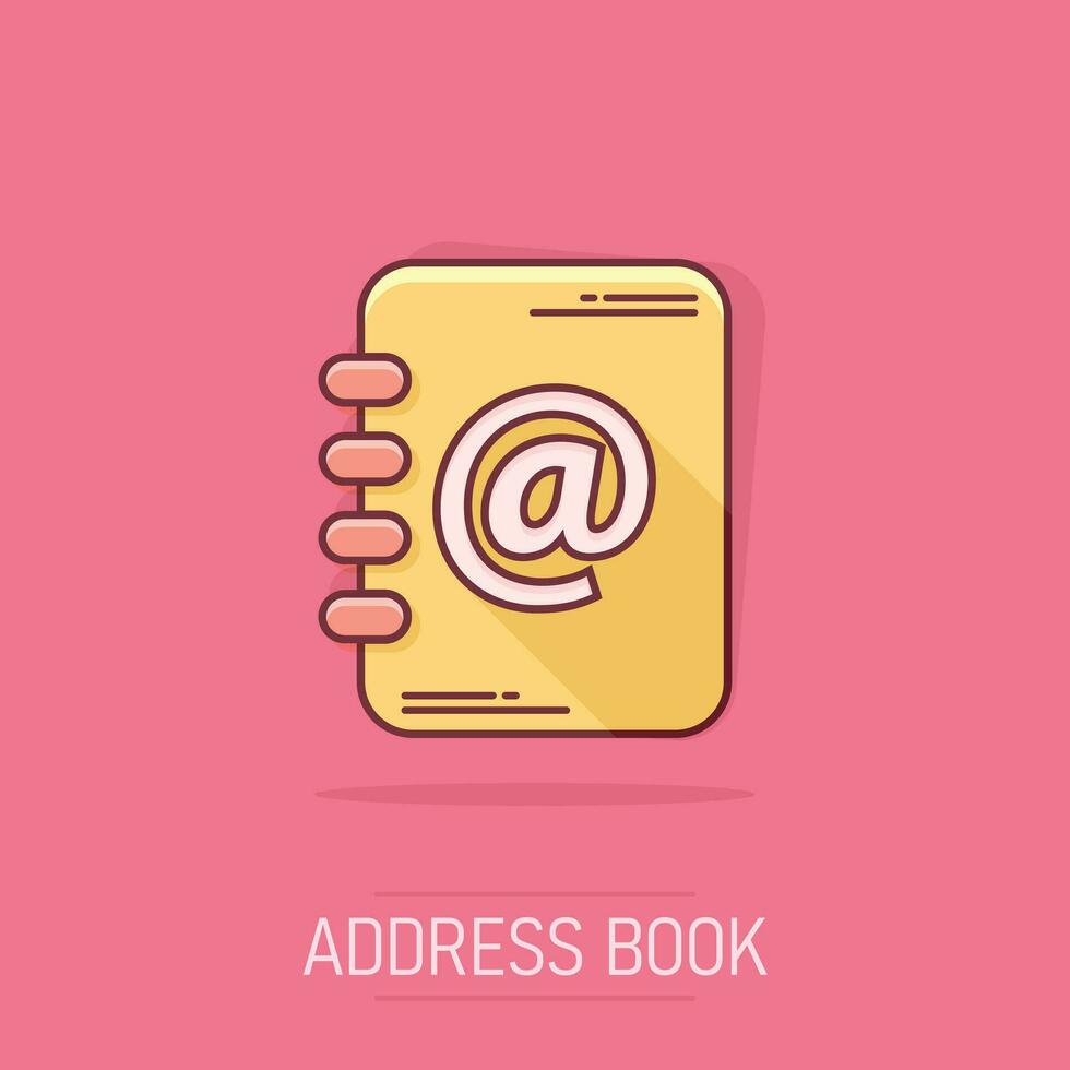 icône de carnet d'adresses de dessin animé de vecteur dans le style comique. pictogramme d'illustration de signe de note de courrier électronique. concept d'effet splash d'entreprise pour ordinateur portable.