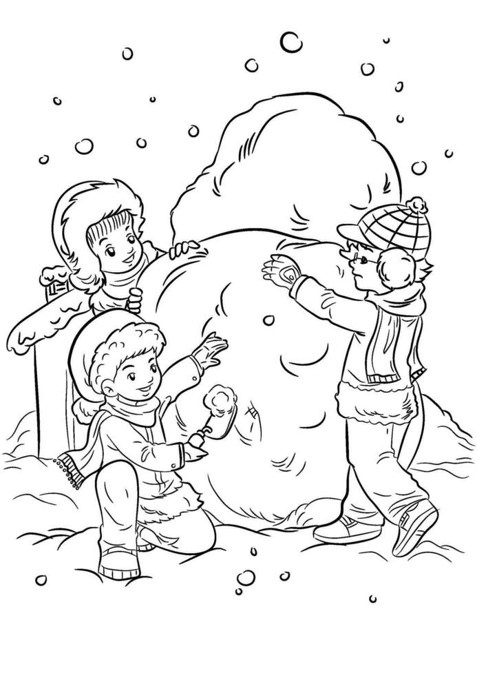 des gamins bâtiment une bonhomme de neige. coloration page pour enfants. vecteur