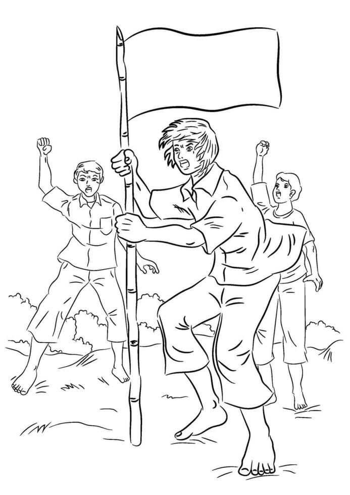 une groupe de Hommes défendre le nationale drapeau. coloration page pour enfants. vecteur