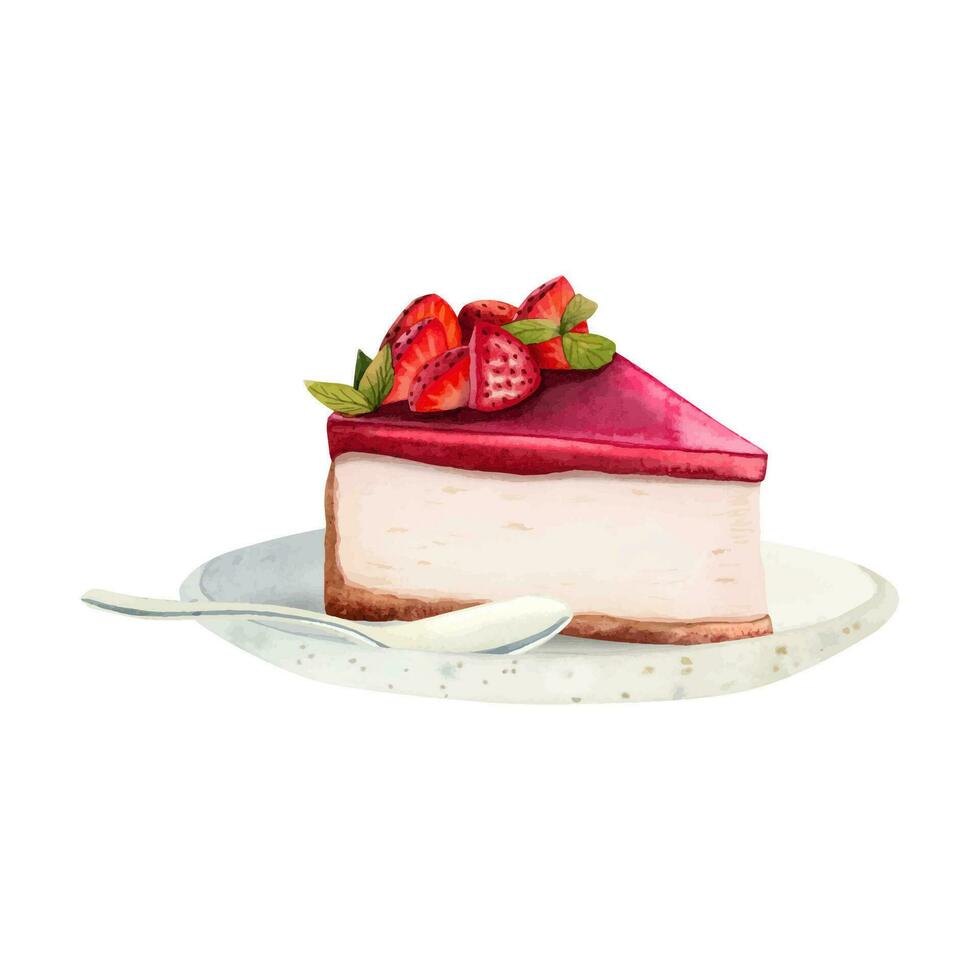 fraise cheesecake dessert tranche sur une assiette avec cuillère aquarelle illustration pour les menus et prospectus vecteur