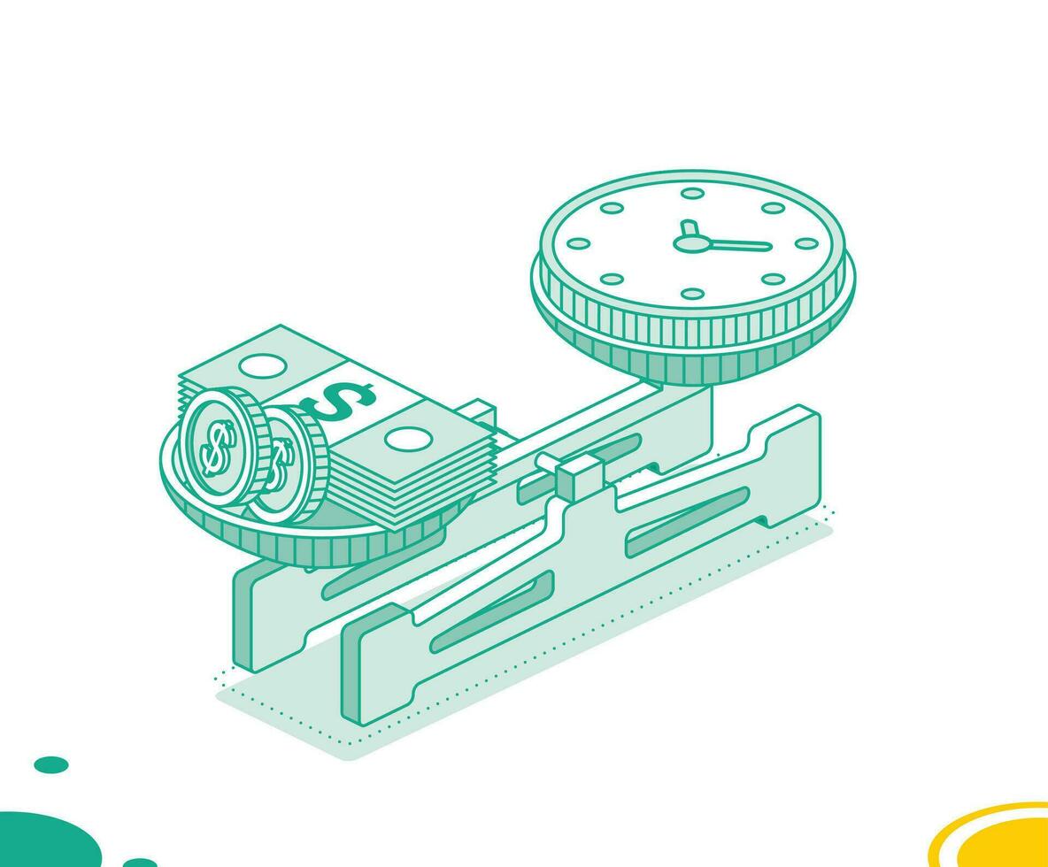 isométrique équilibre escalader. temps ou argent concept. vecteur