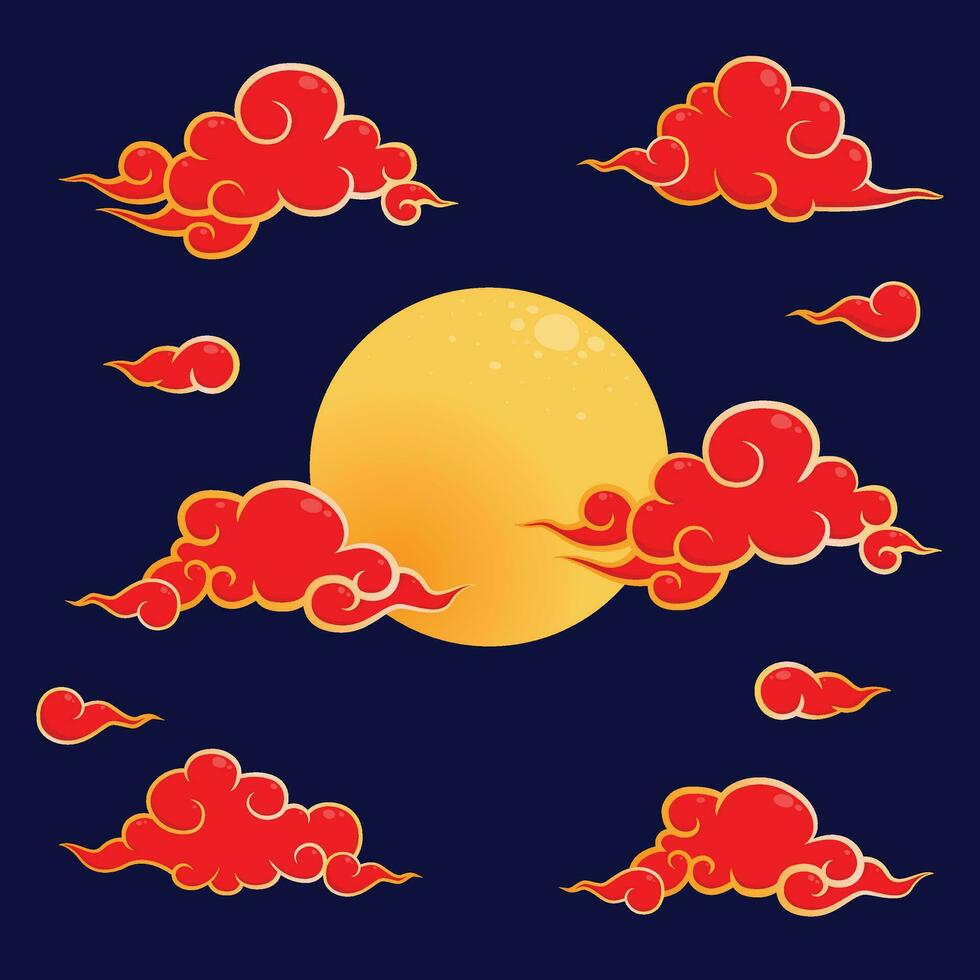 rouge d'or ciel lune chinois ensemble plat conception vecteur