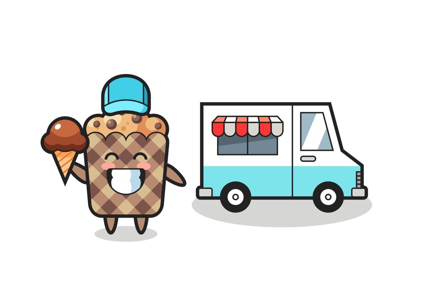 caricature de mascotte de muffin avec camion de crème glacée vecteur