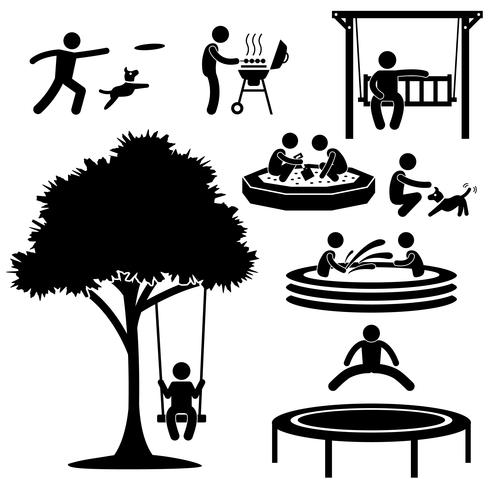 Enfants Accueil Jardin Parc Aire de jeux Cour Loisirs Loisirs Activité Icône De Stick Figure Pictogramme. vecteur