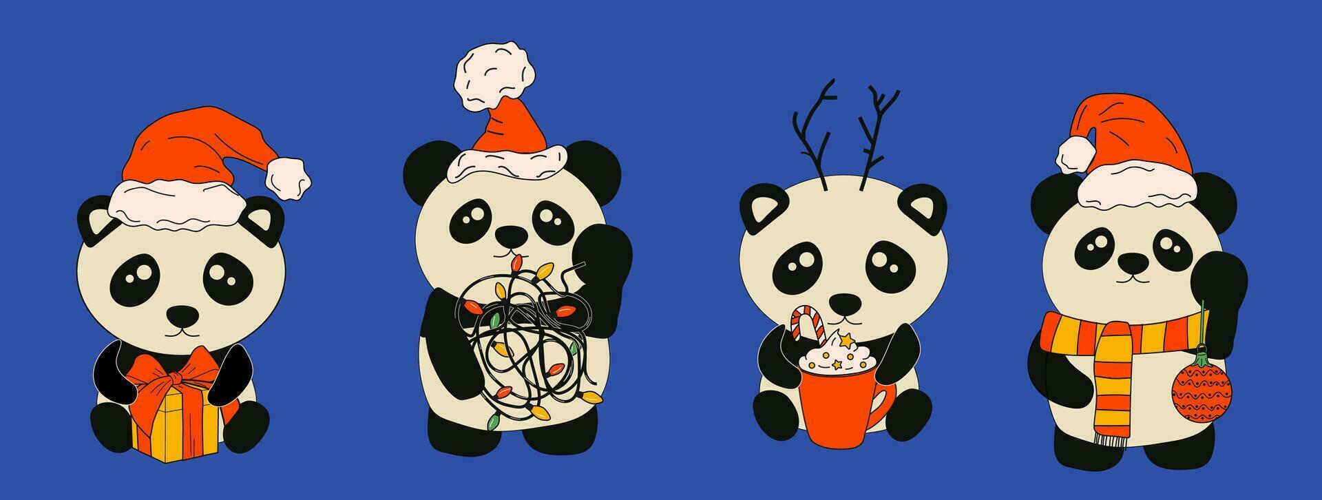 ensemble de Panda avec décoration Noël sur bleu Contexte. illustration de le kawaii. vecteur