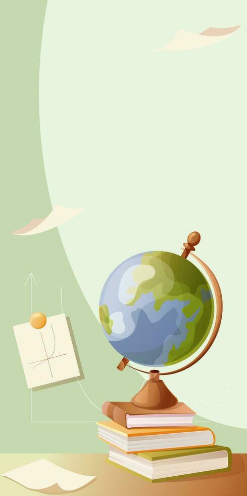 retour à école vecteur illustration avec école Provisions - globe, livres empiler et papier feuilles. verticale Contexte avec copie espace pour bannière, social médias, la toile app