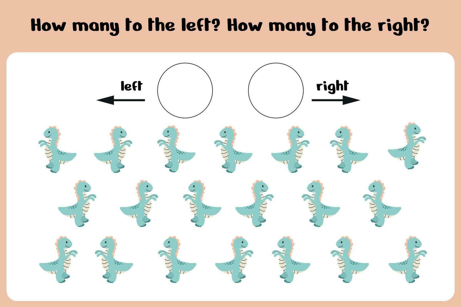 compter Comment beaucoup dinosaures aller à le droite et la gauche logique Jeu pour les enfants gauche droite. formation feuille. vecteur illustration