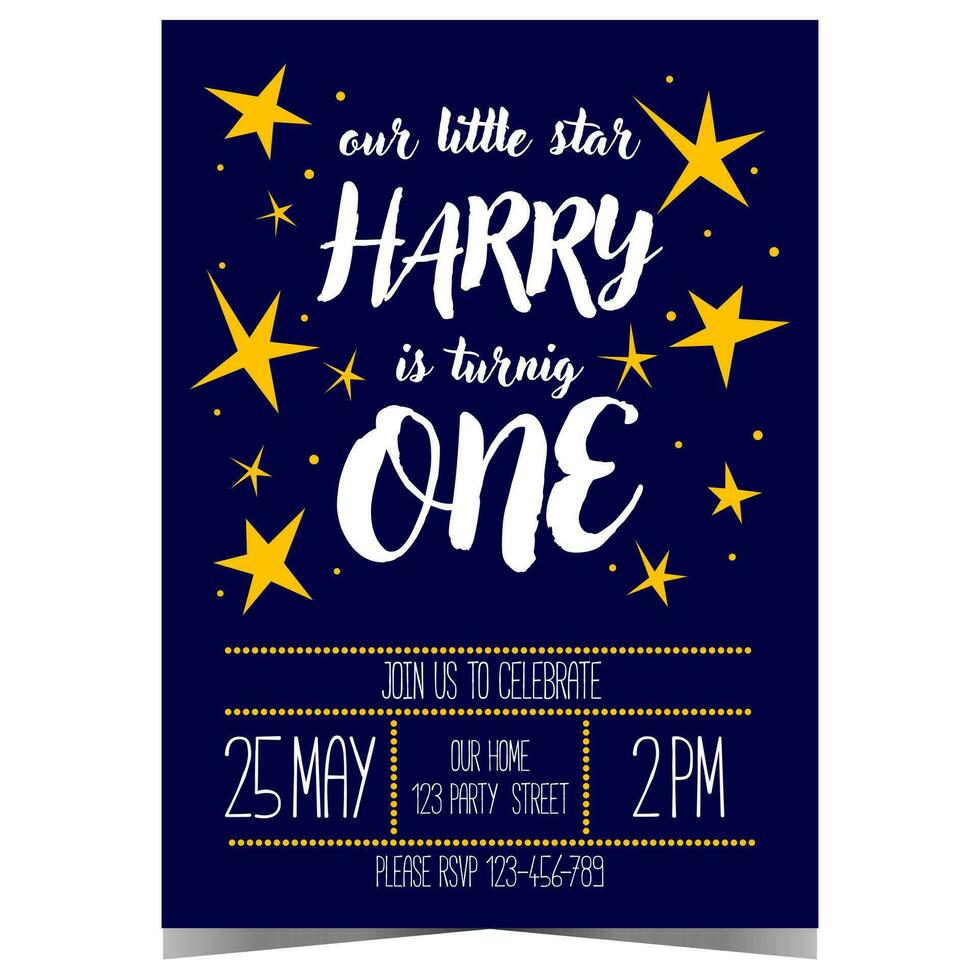 invitation carte pour enfants anniversaire fête avec brillant Jaune étoiles sur une bleu Contexte à célébrer le anniversaire avec garçons et les filles dans de fête et de bonne humeur ambiance. vecteur
