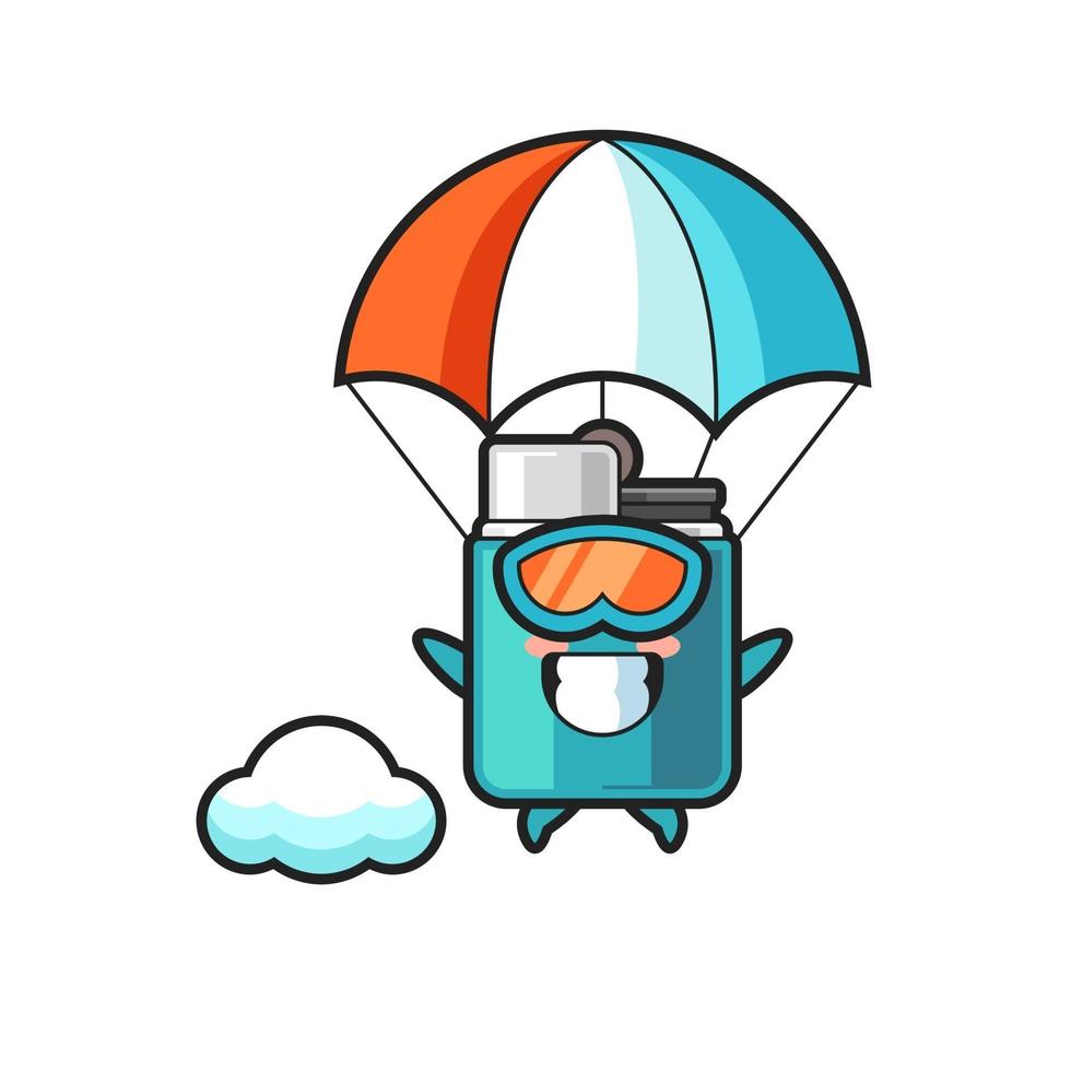 le dessin animé de mascotte plus léger saute en parachute avec un geste heureux vecteur