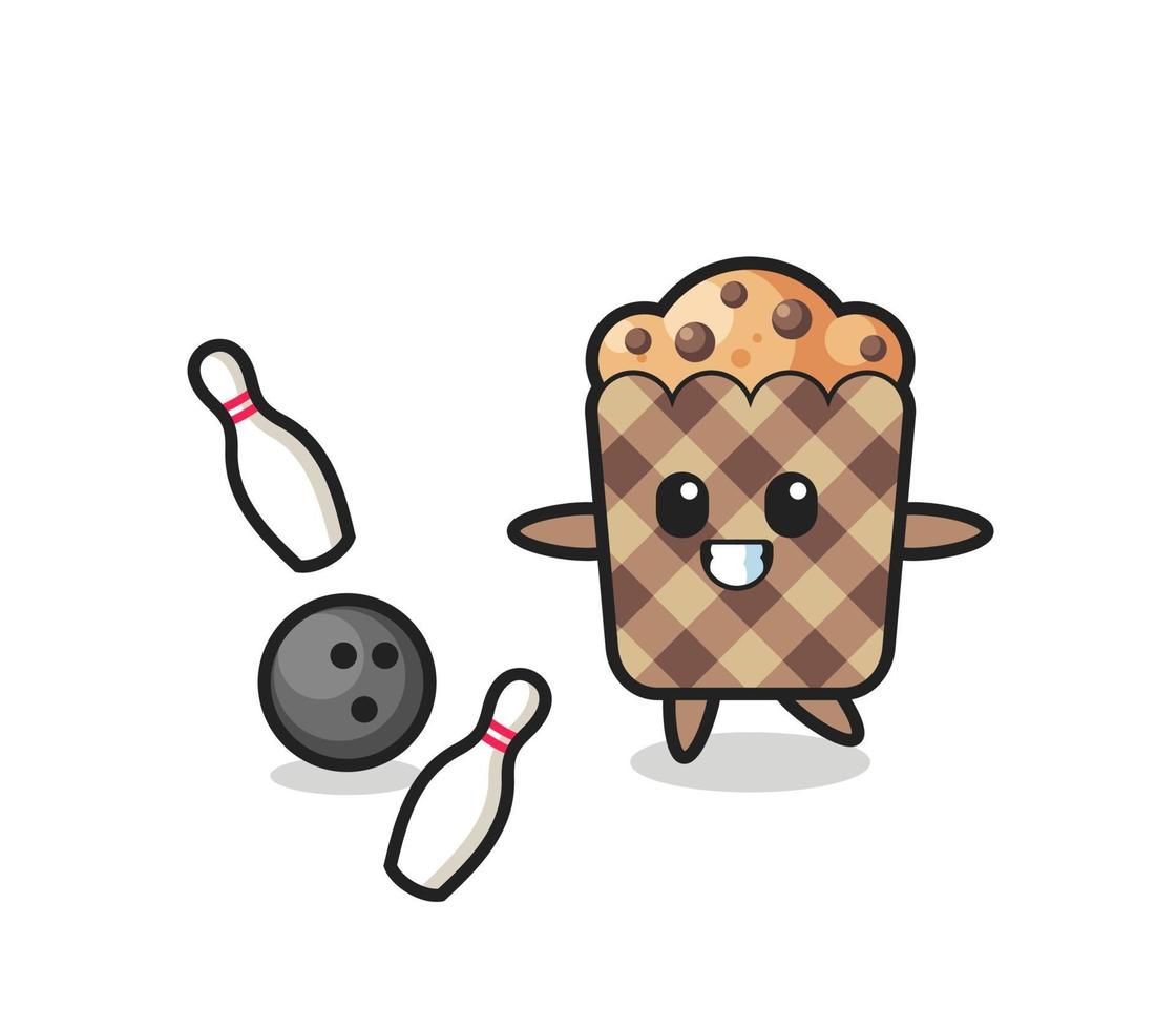 dessin animé de caractère de muffin joue au bowling vecteur