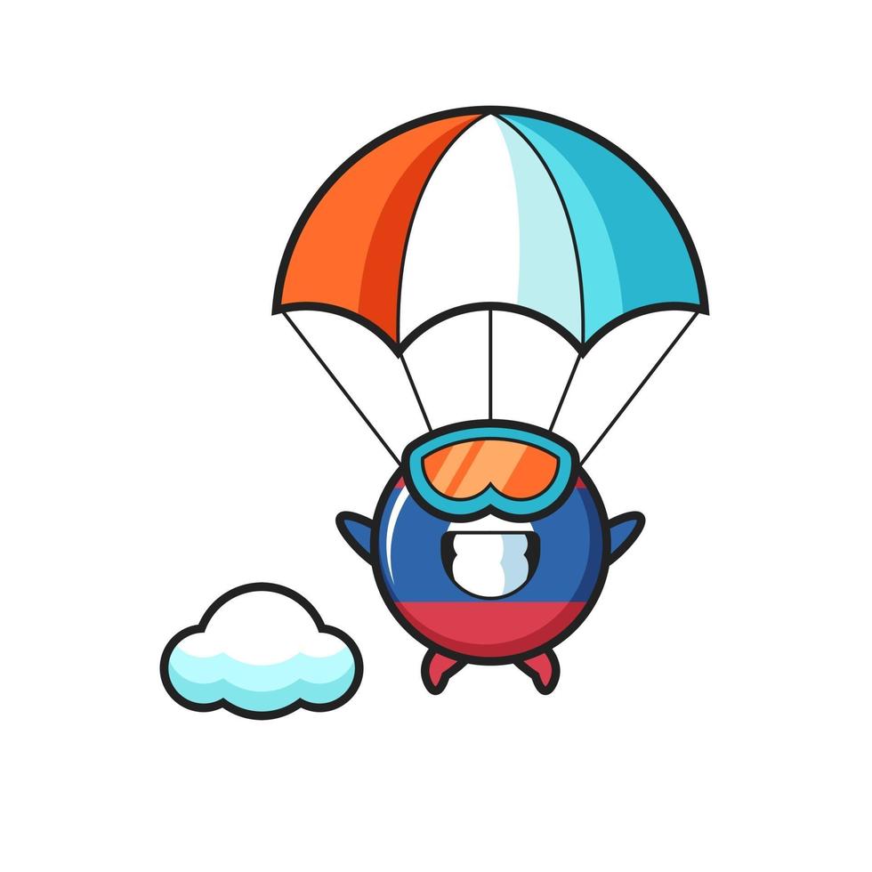 La bande dessinée de mascotte d'insigne de drapeau du laos saute en parachute avec un geste heureux vecteur
