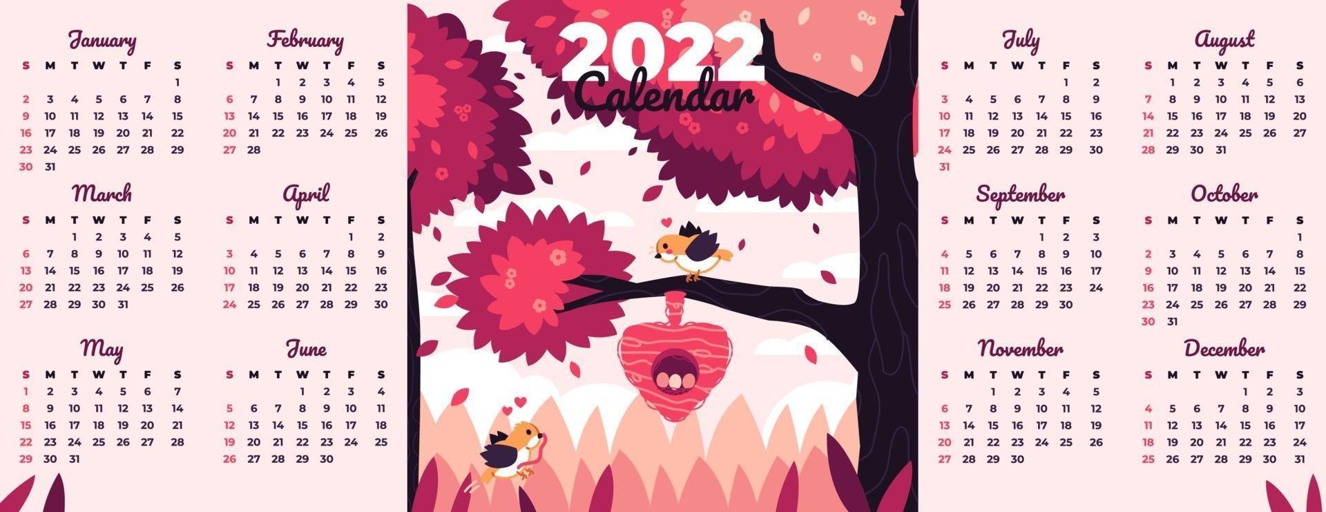 modèle de calendrier 2022 avec thème oiseau et nature vecteur