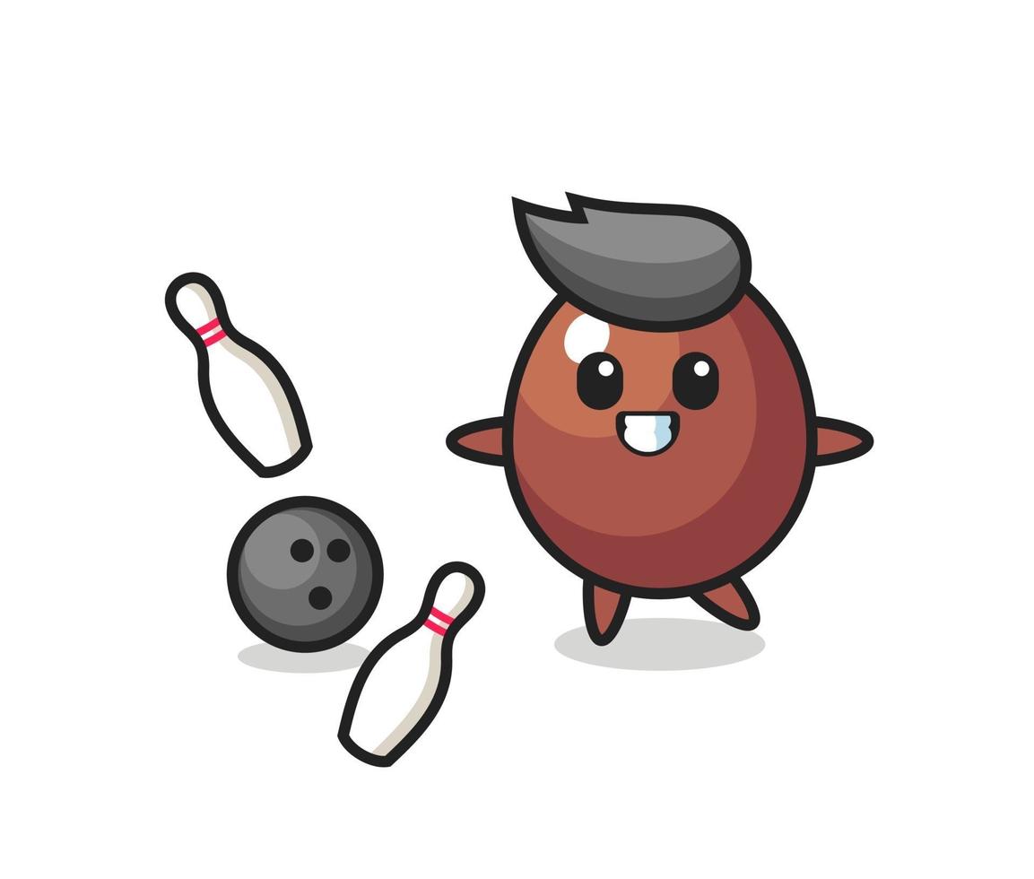 dessin animé de caractère d'oeuf en chocolat joue au bowling vecteur