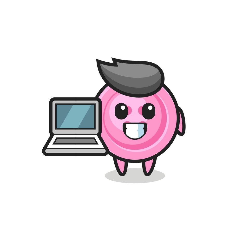 illustration de mascotte du bouton de vêtements avec un ordinateur portable vecteur