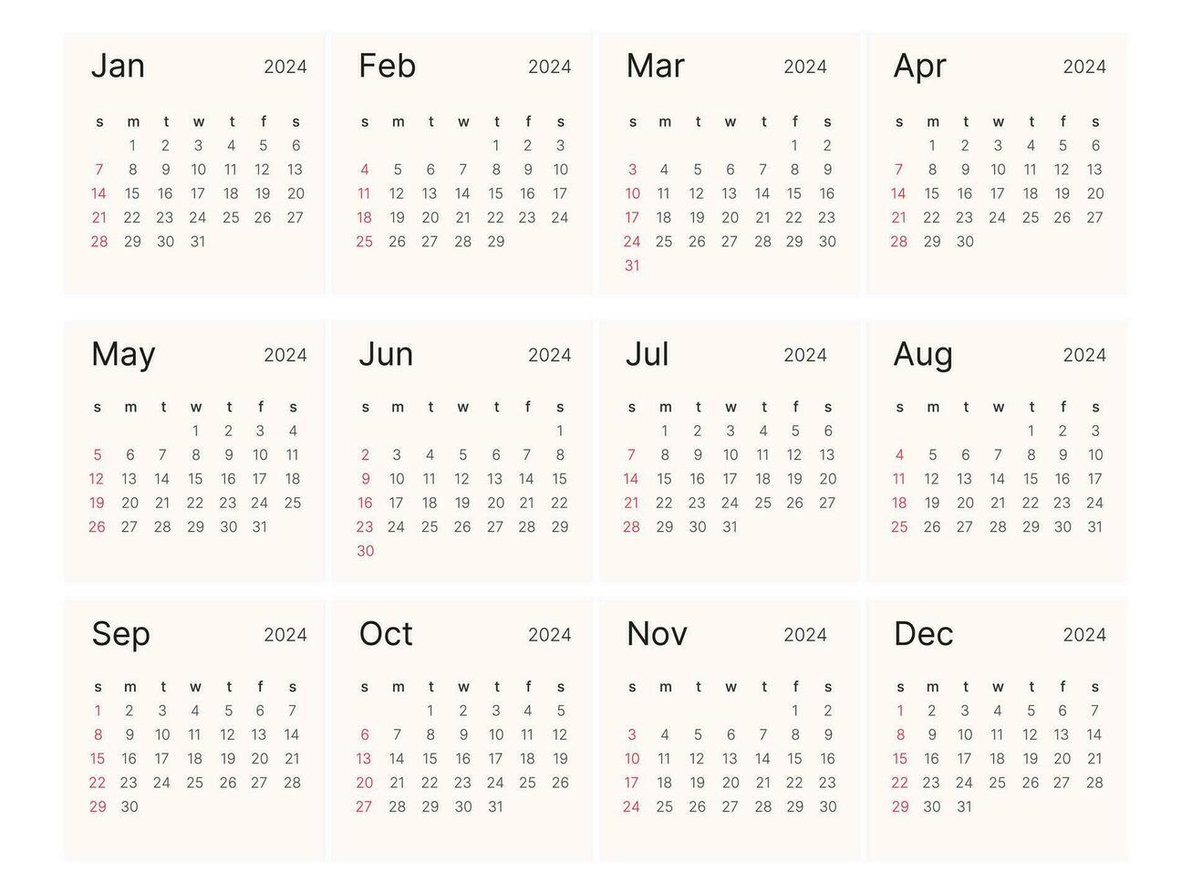 mensuel calendrier modèle pour 2024. départs sur dimanche. vecteur