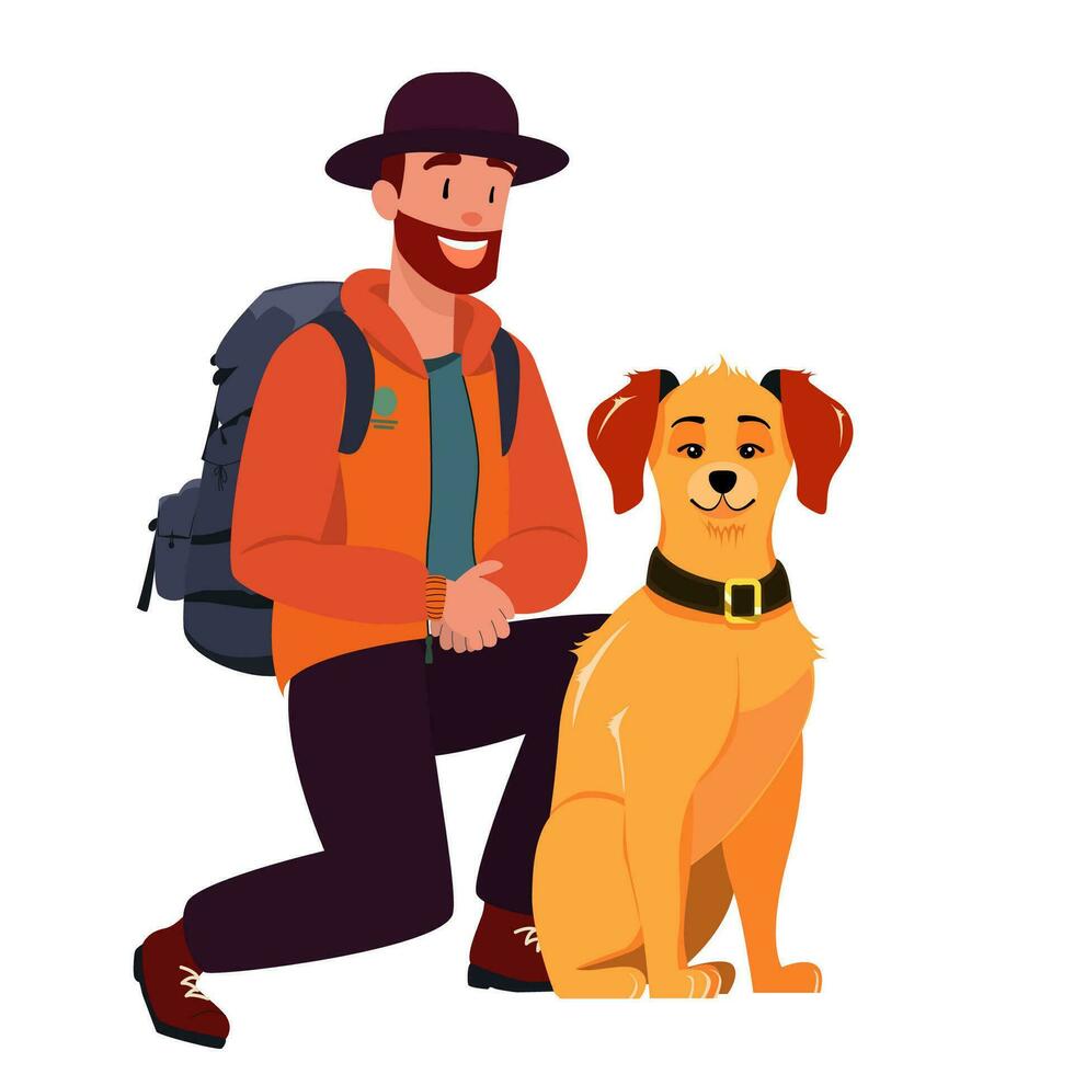 homme avec chien isolé vecteur dessin. la personne dans Orange veste et sac à dos, mignonne rouge séance chien