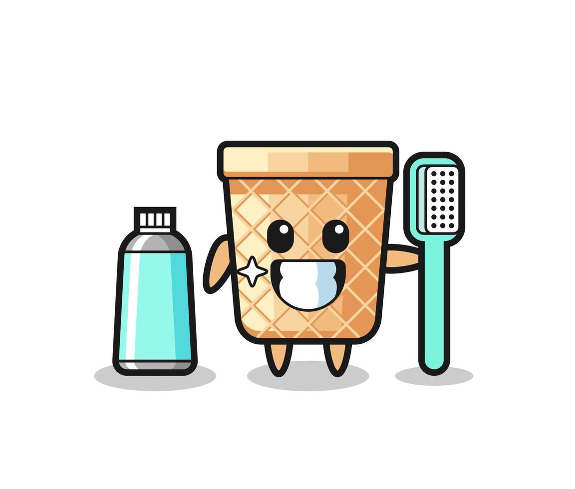 illustration de mascotte de cône de gaufre avec une brosse à dents vecteur