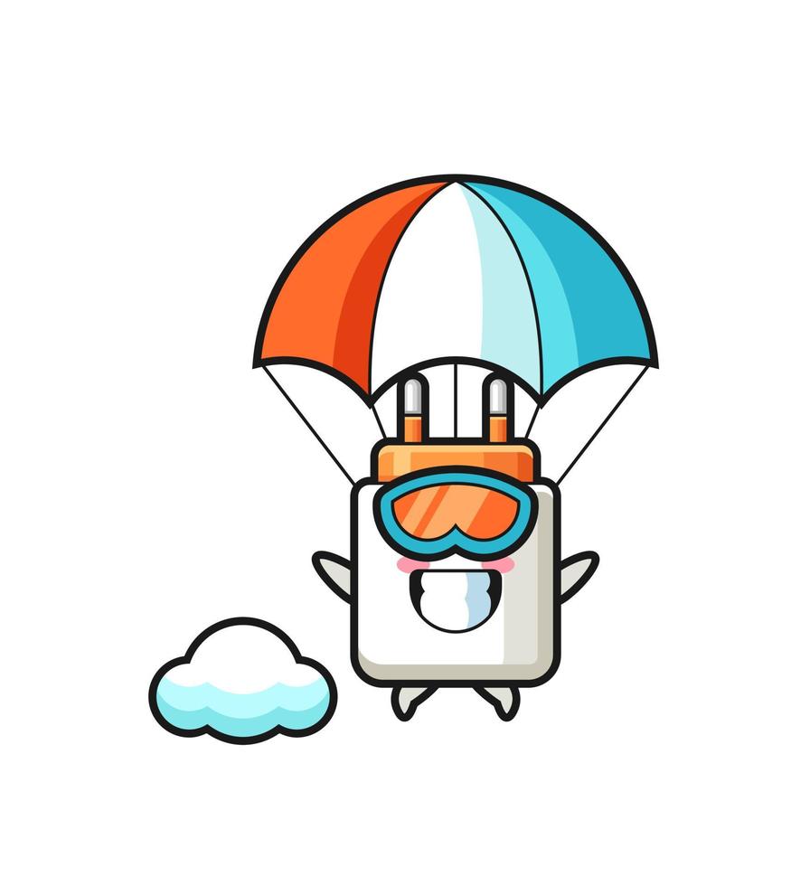 La caricature de la mascotte de l'adaptateur secteur saute en parachute avec un geste heureux vecteur