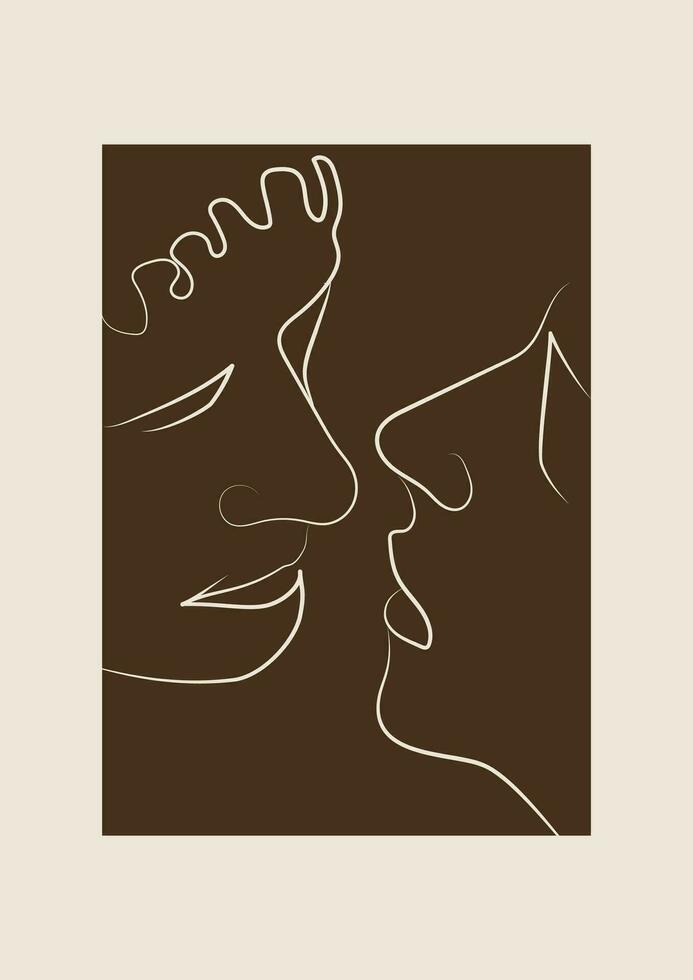 esthétique esquisser de embrasser personnes. moderne charmant couple visages illustration affiche. vecteur