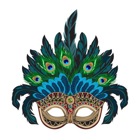 Masque de carnaval vénitien orné de vecteur bleu avec des plumes colorées