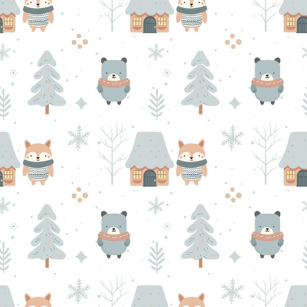 hiver sans couture modèle avec mignonne forêt animaux. scandinave Noël modèle. hiver Contexte vecteur