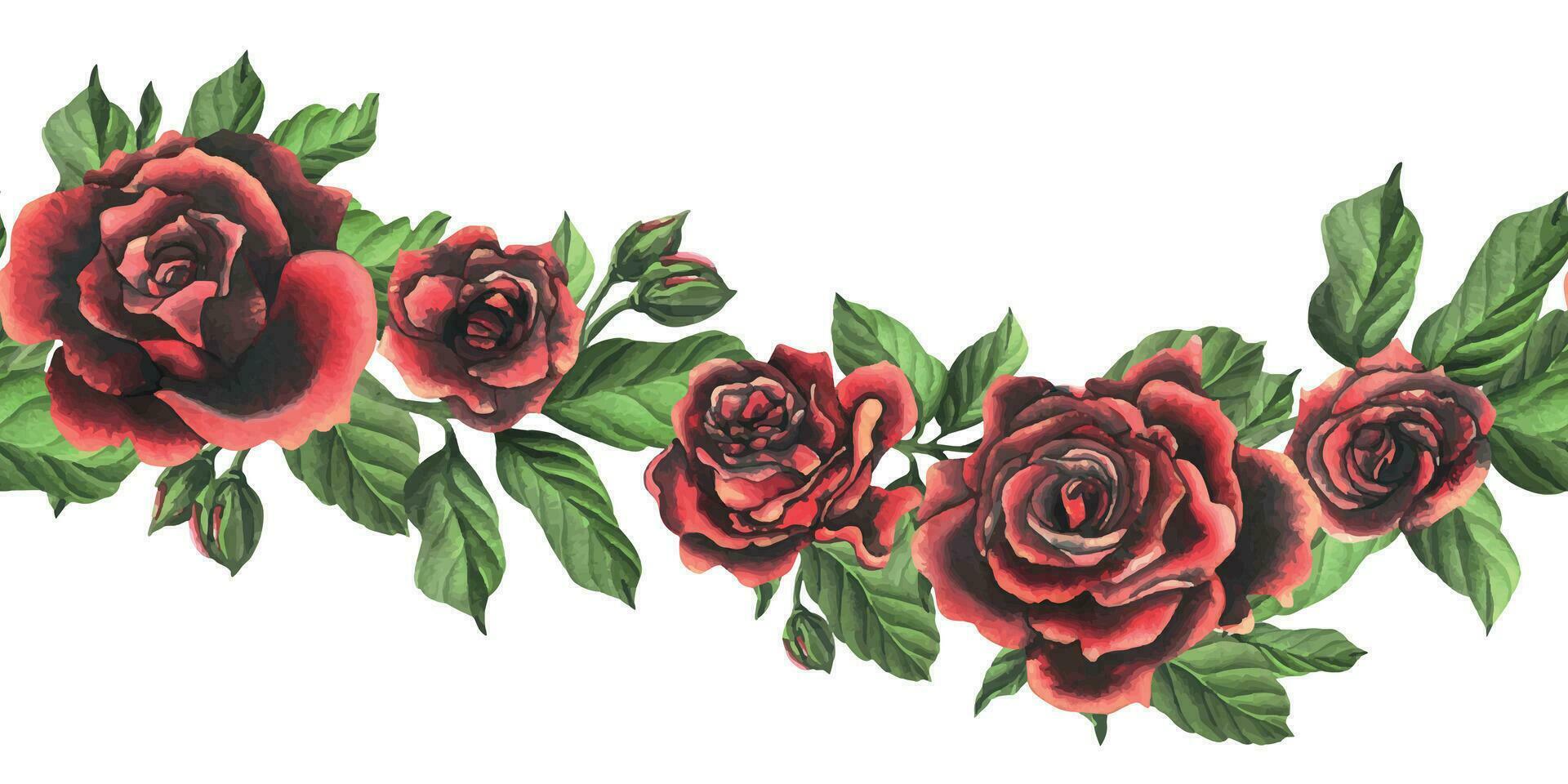 rouge noir Rose fleurs avec vert feuilles et bourgeons, élégant, brillant, belle. main tiré aquarelle illustration. sans couture frontière une blanc arrière-plan, pour décoration et conception. vecteur