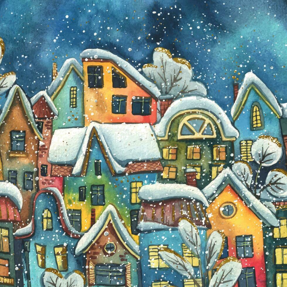 panorama de le vieux ville avec Maisons contre le toile de fond de le nuit étoilé ciel avec neige. main tiré aquarelle illustration carré composition pour Nouveau année, hiver et Noël décor. vecteur