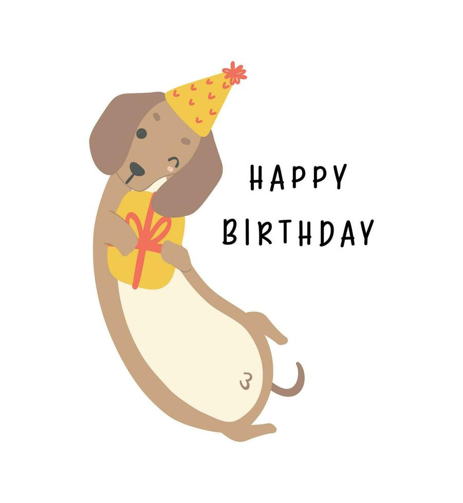 mignonne anniversaire carte avec teckel saucisse chien étreinte cadeau boîte, célébrer faire la fête. kawaii salutation carte dessin animé main dessin plat conception graphique illustration. vecteur