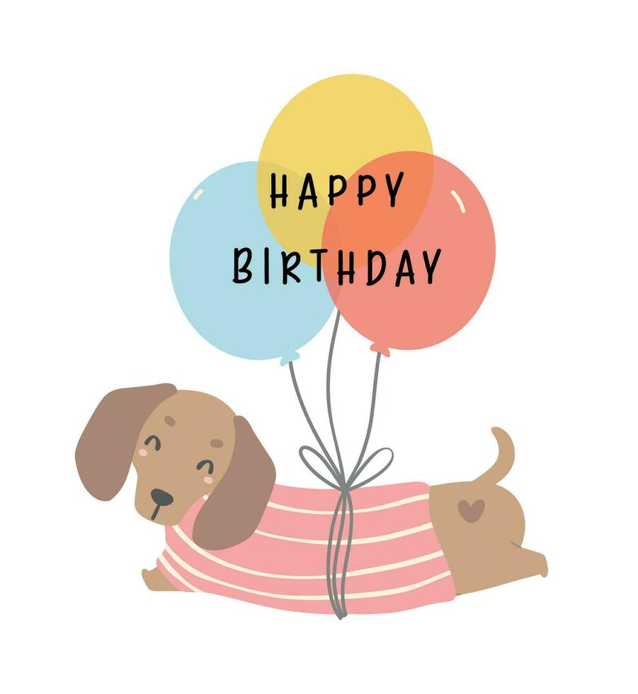 mignonne anniversaire teckel saucisse chien avec des ballons, célébrer faire la fête. kawaii salutation carte dessin animé main dessin plat conception graphique illustration. vecteur